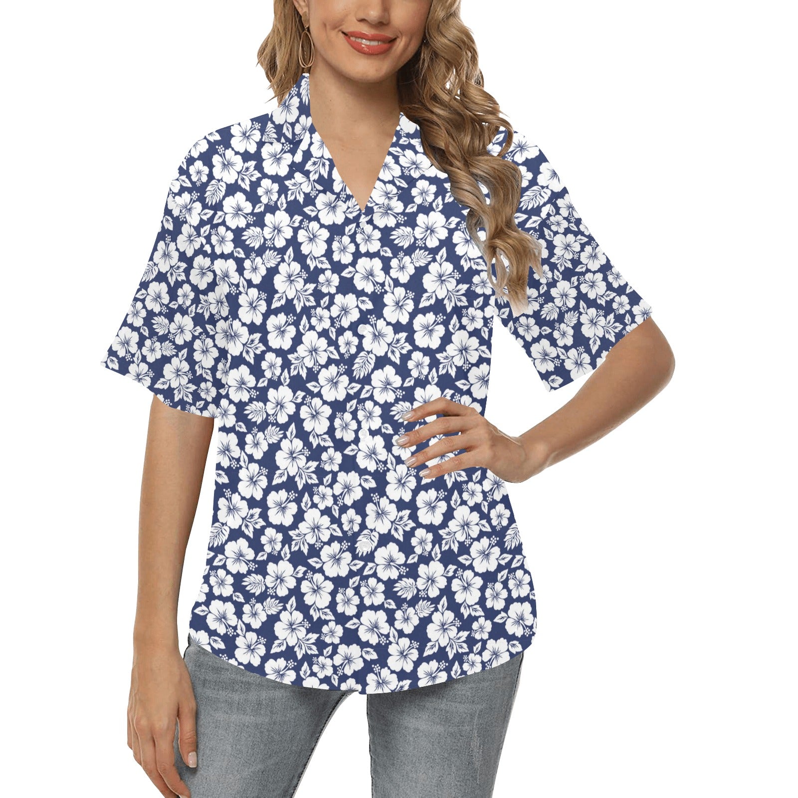 Hibiscus Blue Hawaiian Flower Style Women's Hawaiian Shirt