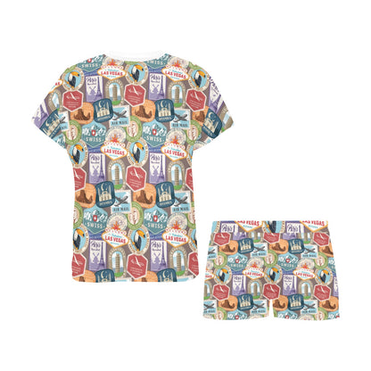 Travel Stamp Print Design LKS301 Women's Short Pajama Set