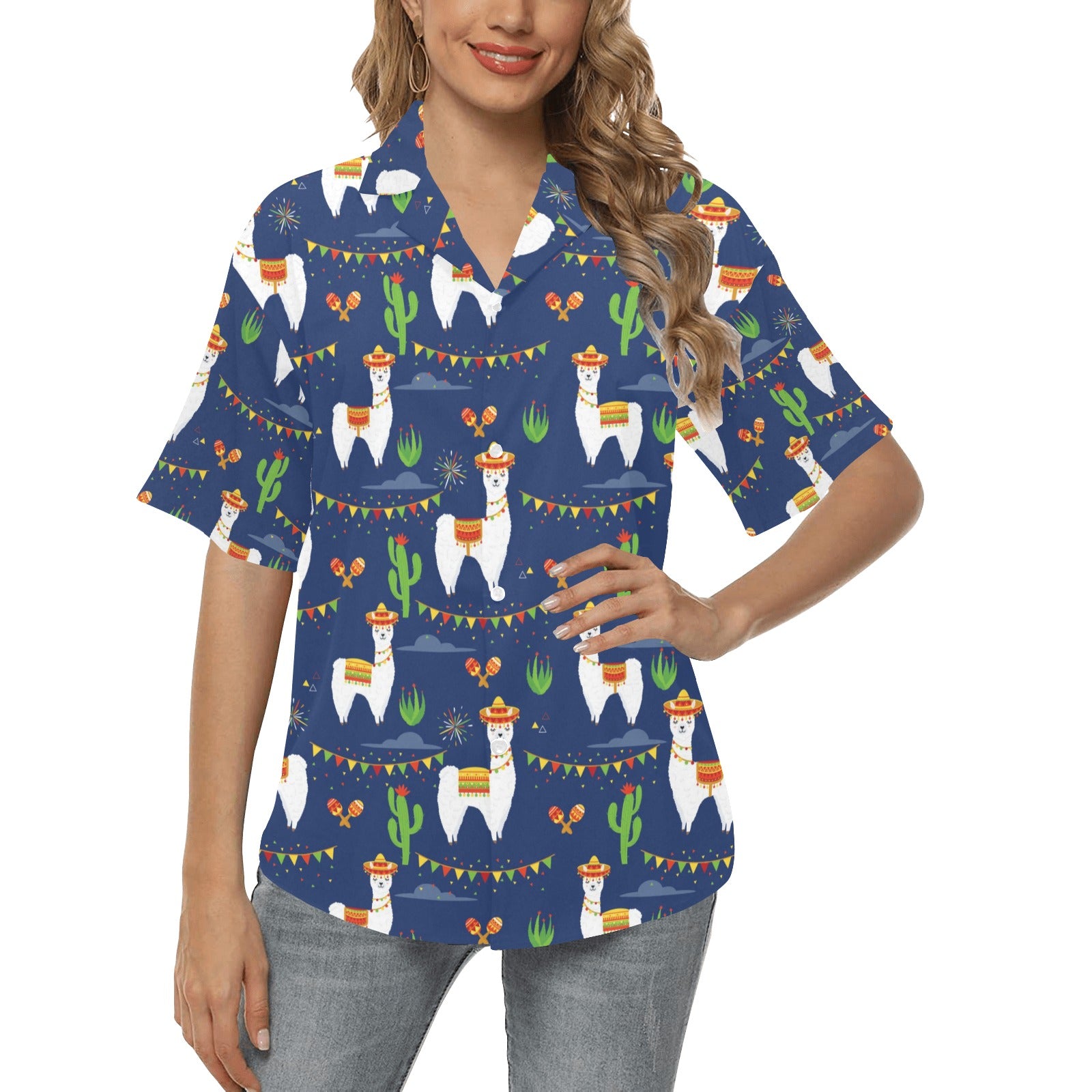 Llama Cactus Pattern Print Design 05 Women's Hawaiian Shirt