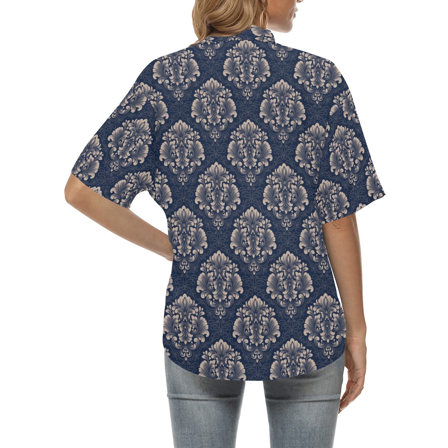 Damask Blue Luxury Print Pattern Women's Hawaiian Shirt