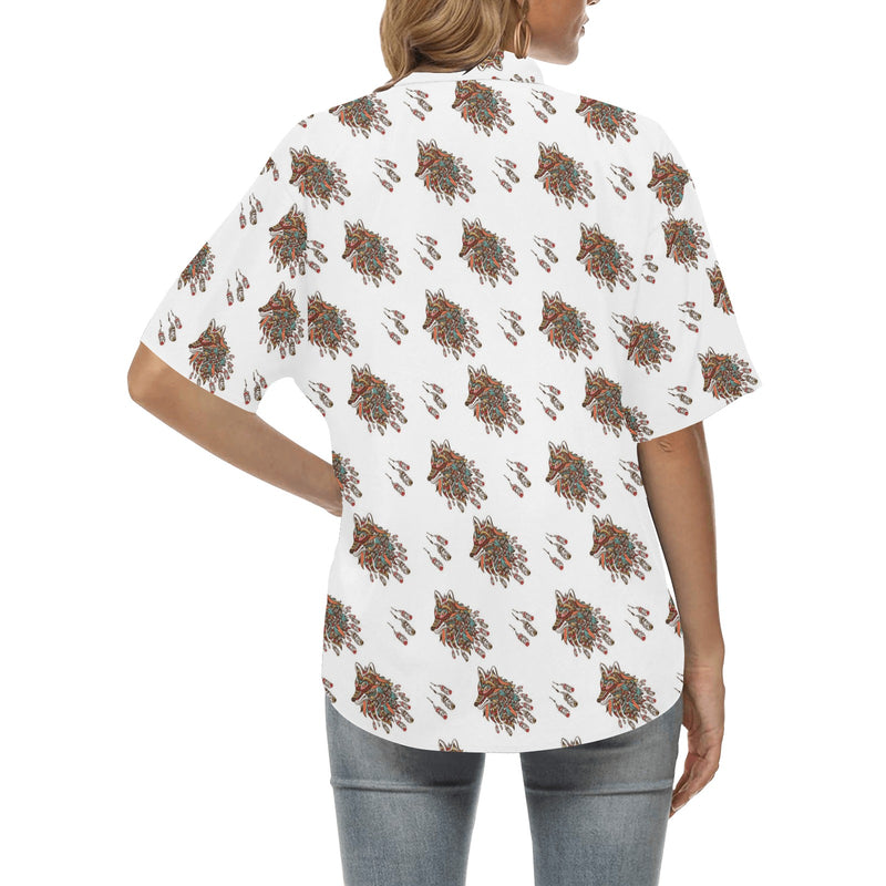 Aztec Wolf Pattern Print Design 02 Women's Hawaiian Shirt