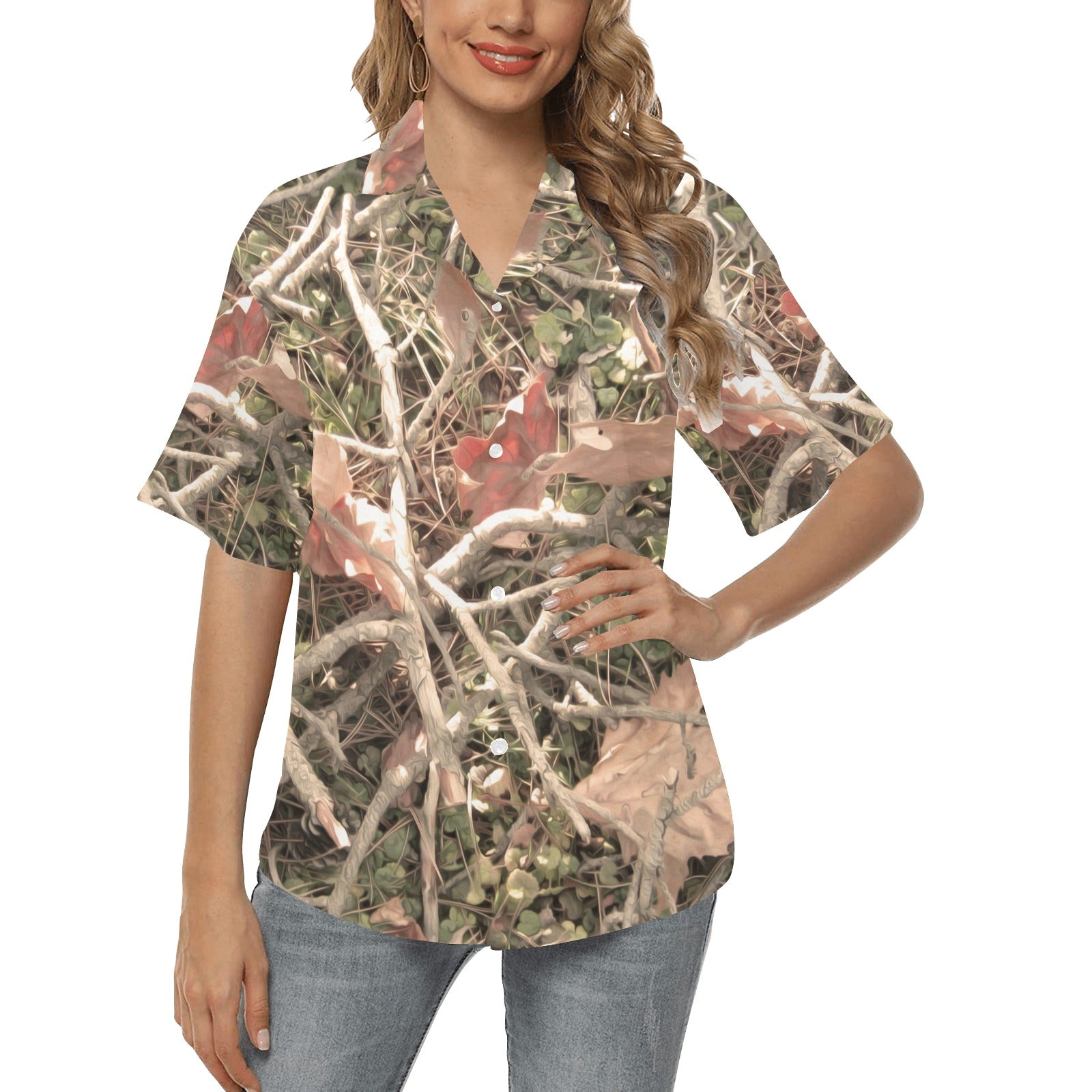 Camouflage Realistic Tree Authumn Print Women's Hawaiian Shirt