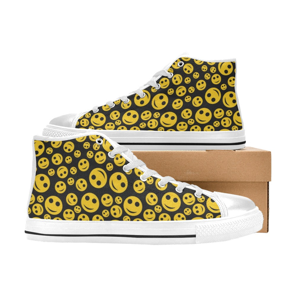 Smiley Face Emoji Print Design LKS304 High Top Women's White Shoes