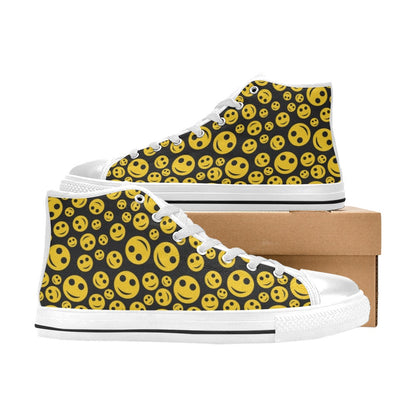 Smiley Face Emoji Print Design LKS304 High Top Women's White Shoes