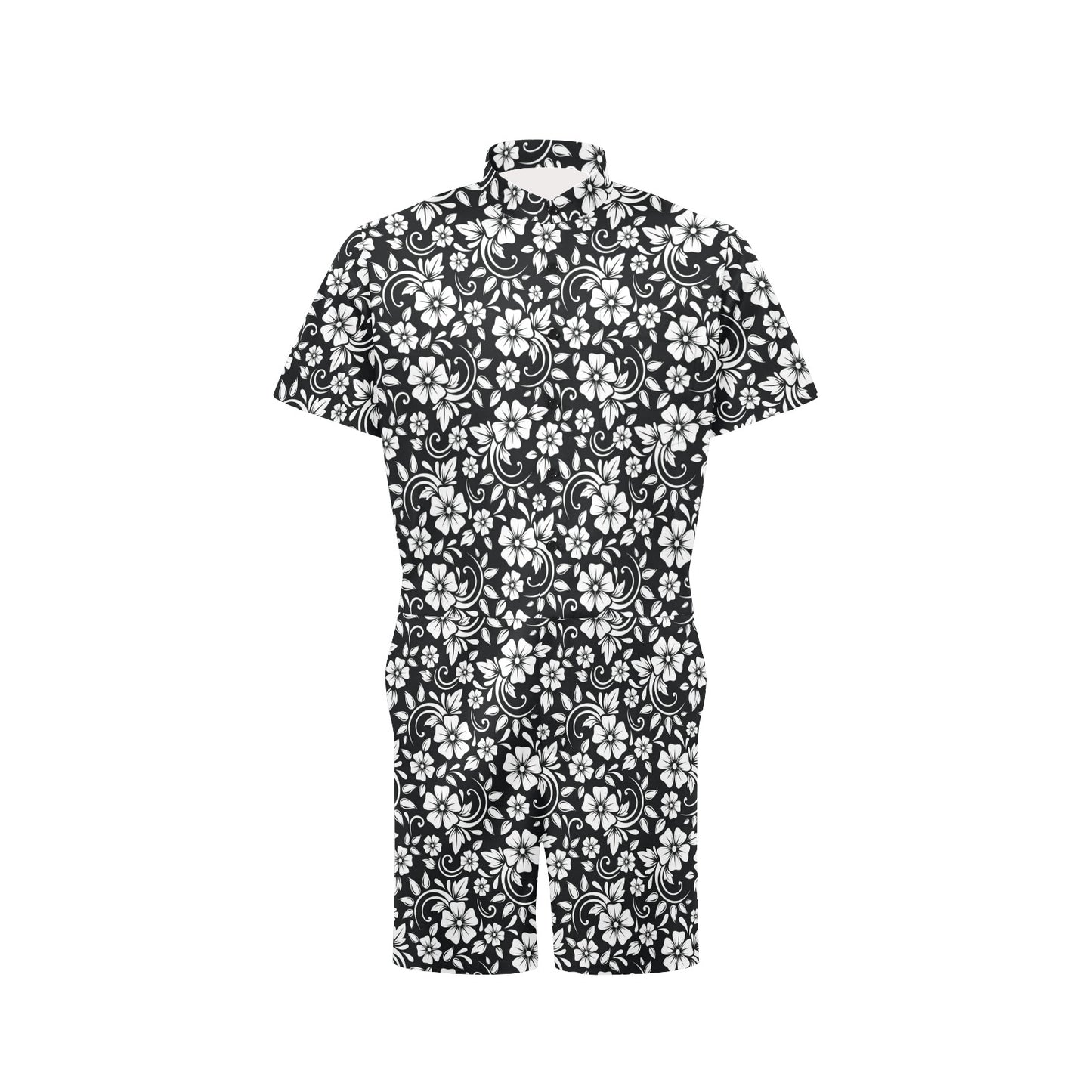 Floral Black White Themed Print Men's Romper
