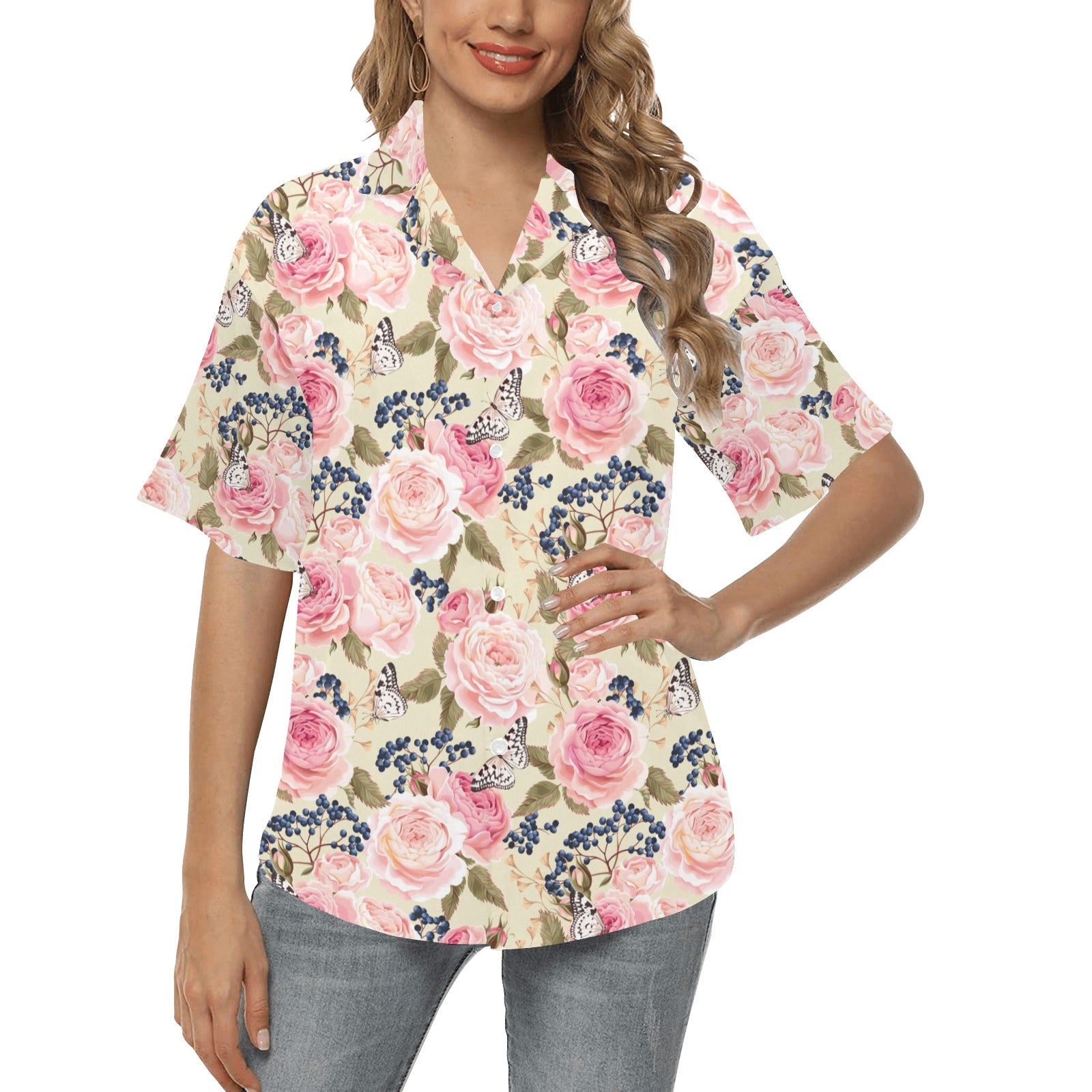 Floral Pink Butterfly Print Women's Hawaiian Shirt