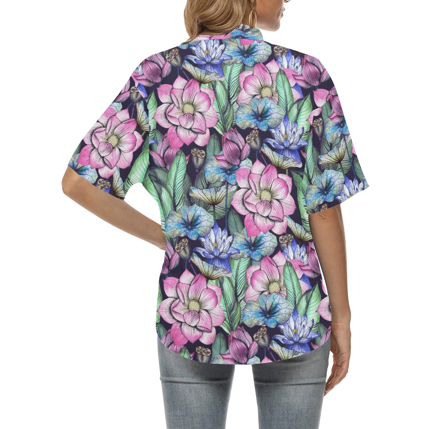Water Lily Pattern Print Design WL07 Women's Hawaiian Shirt
