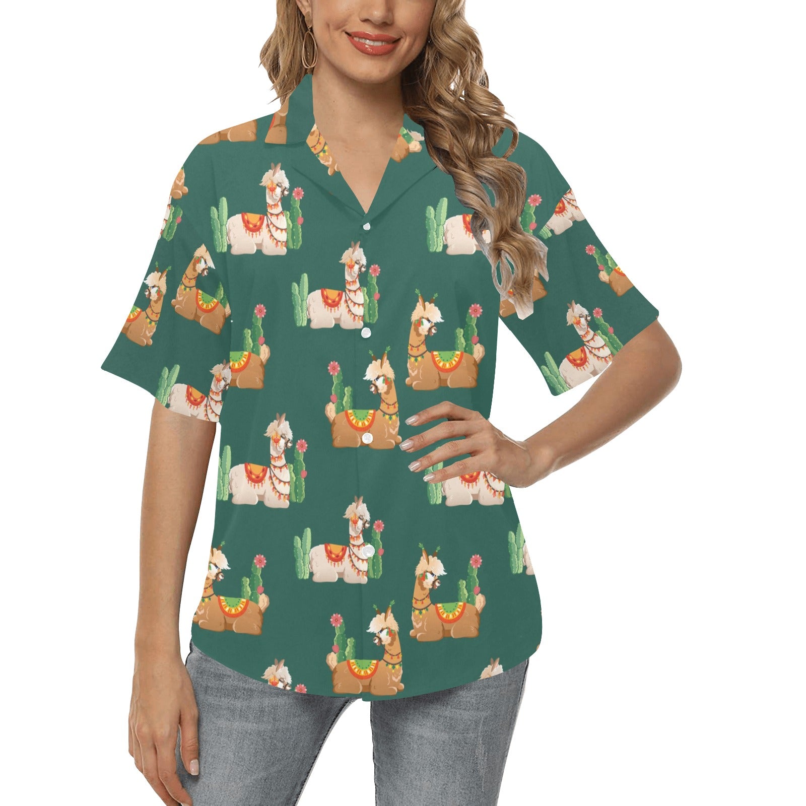 Llama Cactus Pattern Print Design 07 Women's Hawaiian Shirt