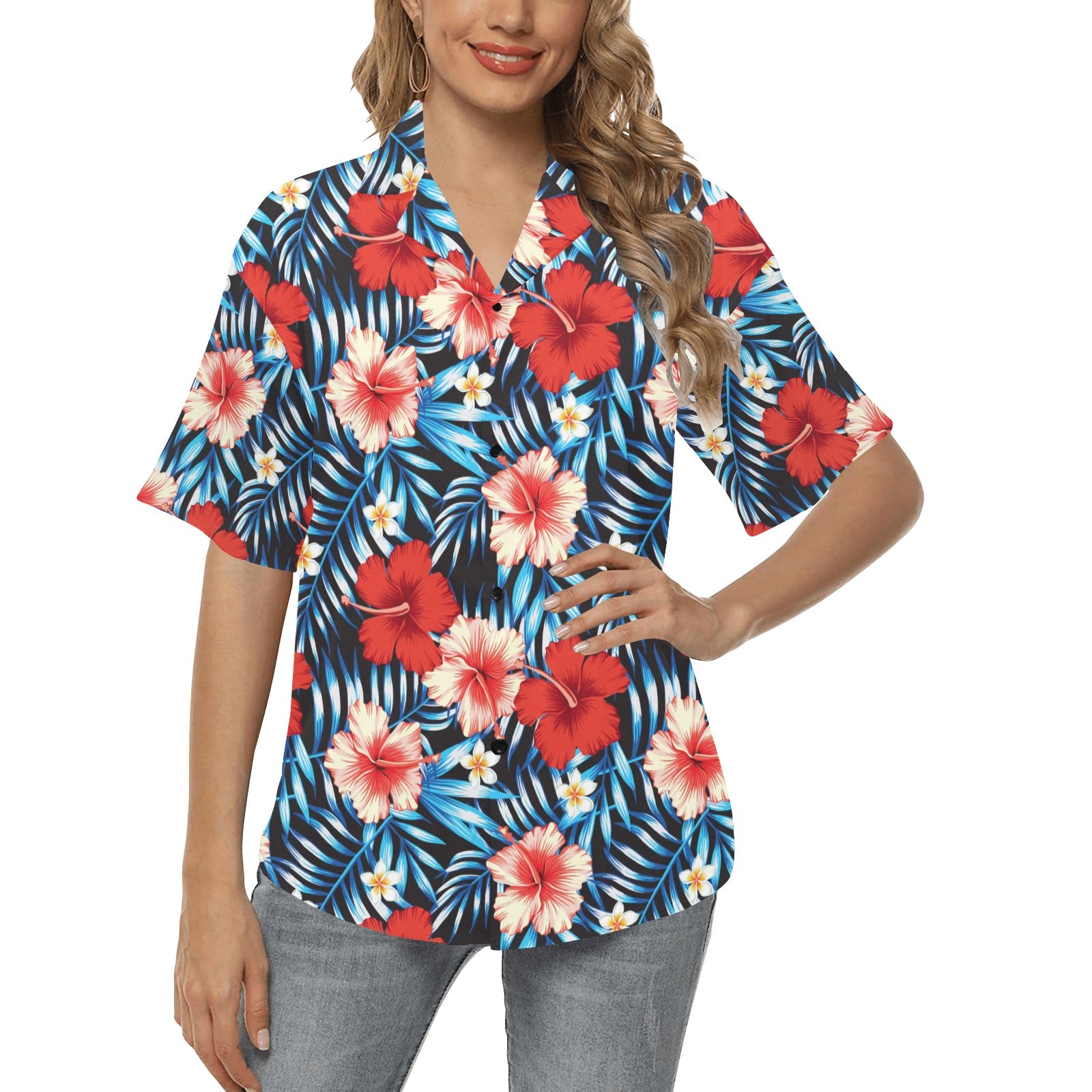 Red Hibiscus Blue Scene Women's Hawaiian Shirt