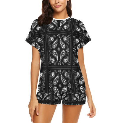 Bandana Paisley Black Print Design LKS308 Women's Short Pajama Set