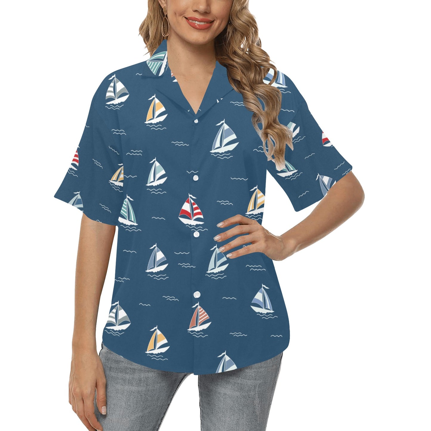 Sailing Ships Pattern Print Design A02 Women's Hawaiian Shirt