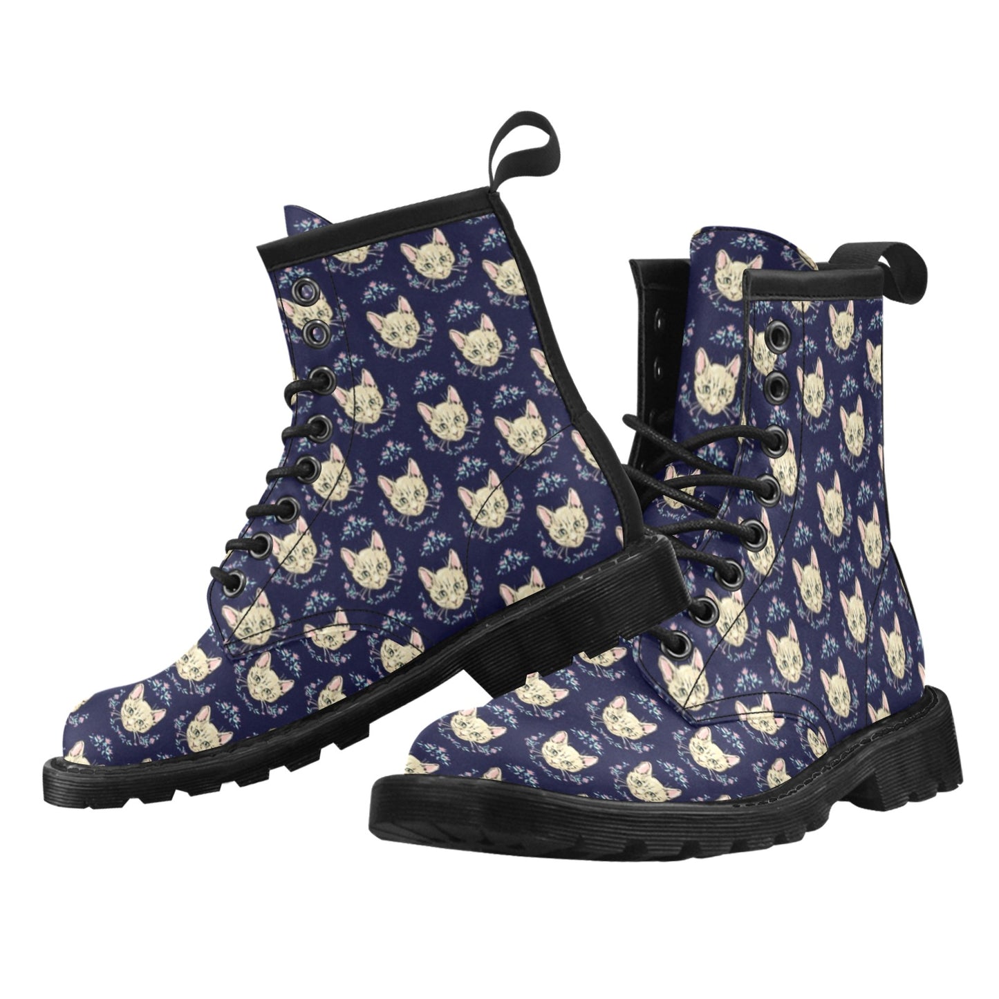 Cat Head with flower Print Pattern Women's Boots