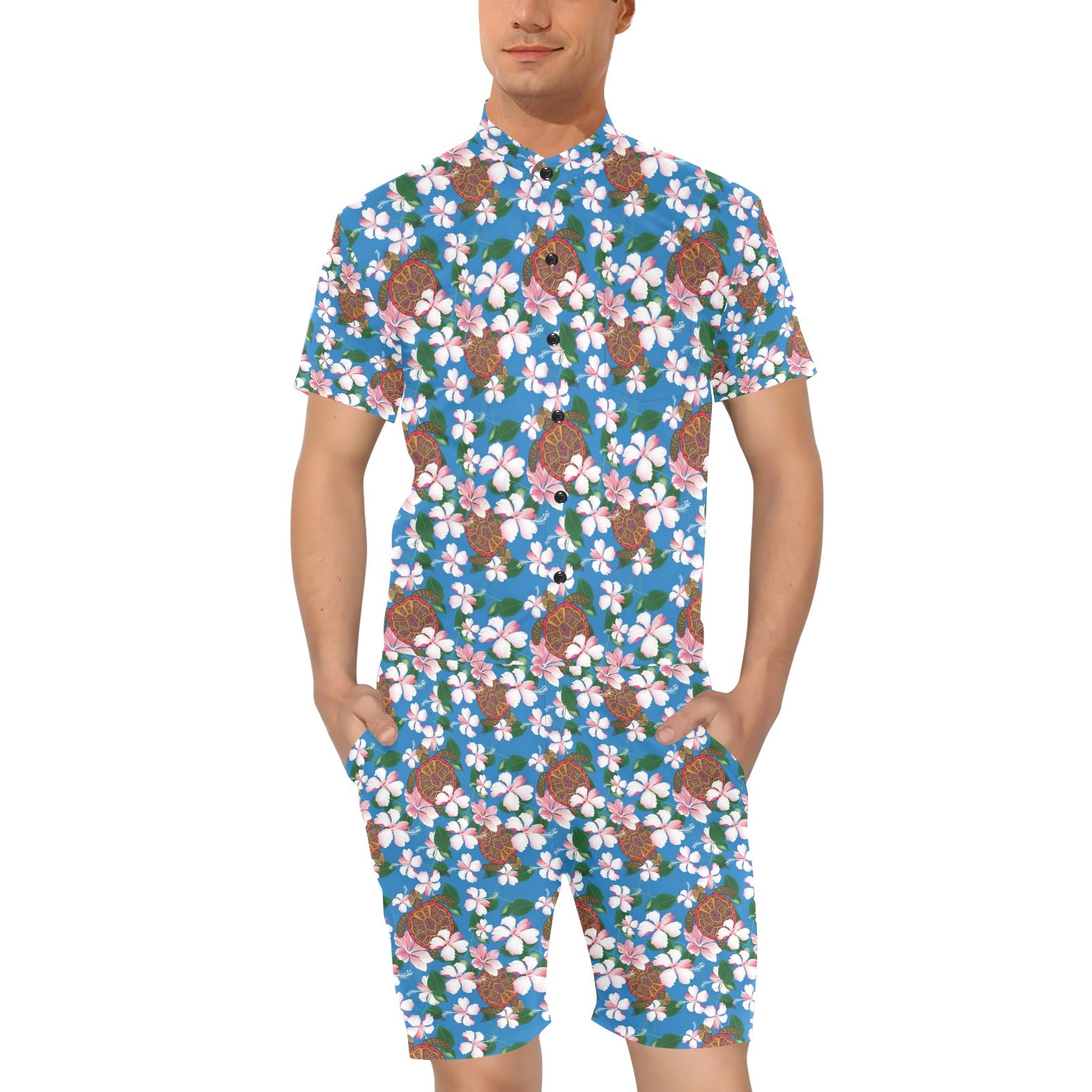 Sea Turtle Pink Hibiscus Hawaiian Print Men's Romper