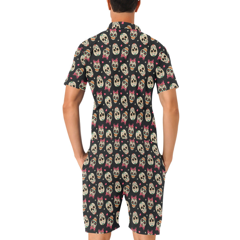 Sugar Skull Pink Bow Themed Print Men's Romper