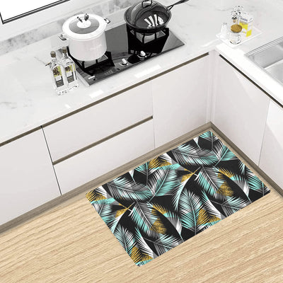 Gold Glitter Cyan Tropical Palm Leaves Kitchen Mat