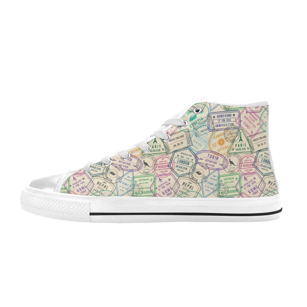 Travel Stamp Print Design LKS303 High Top Women's White Shoes