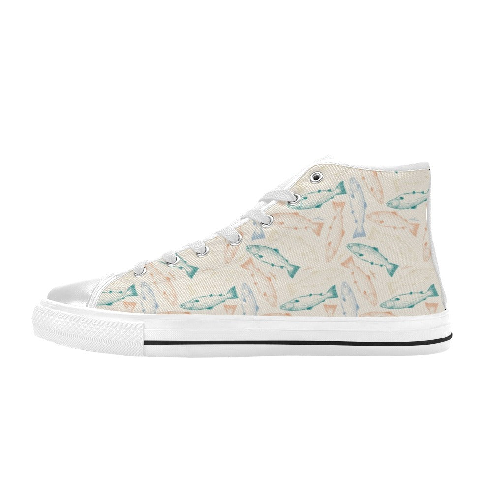 Salmon Fish Print Design LKS305 High Top Women's White Shoes