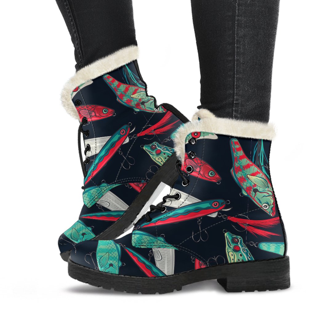Fishing Bait Pattern Faux Fur Leather Boots