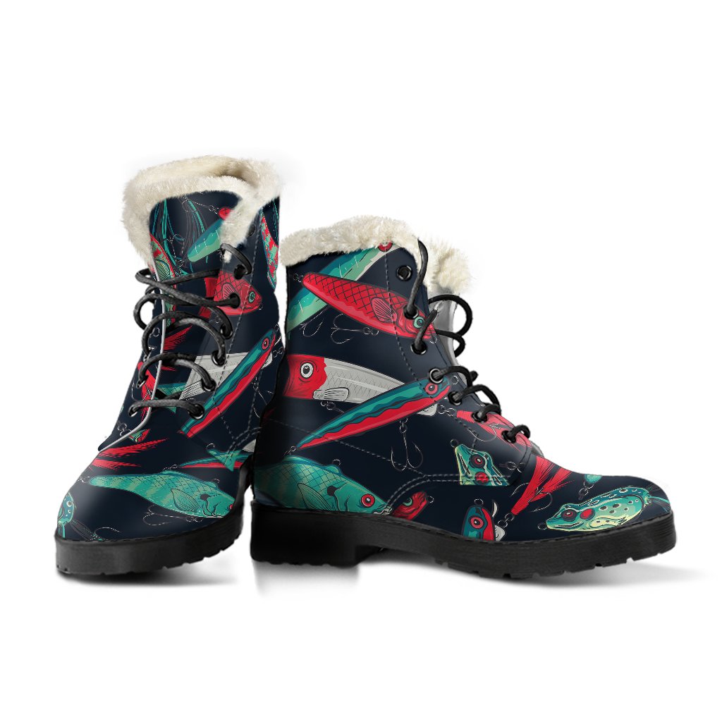 Fishing Bait Pattern Faux Fur Leather Boots