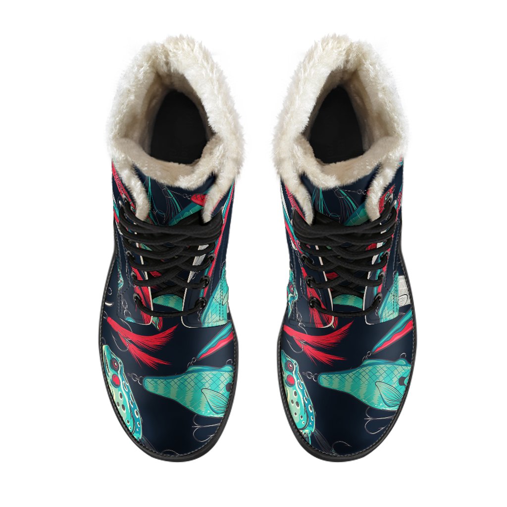 Fishing Bait Pattern Faux Fur Leather Boots