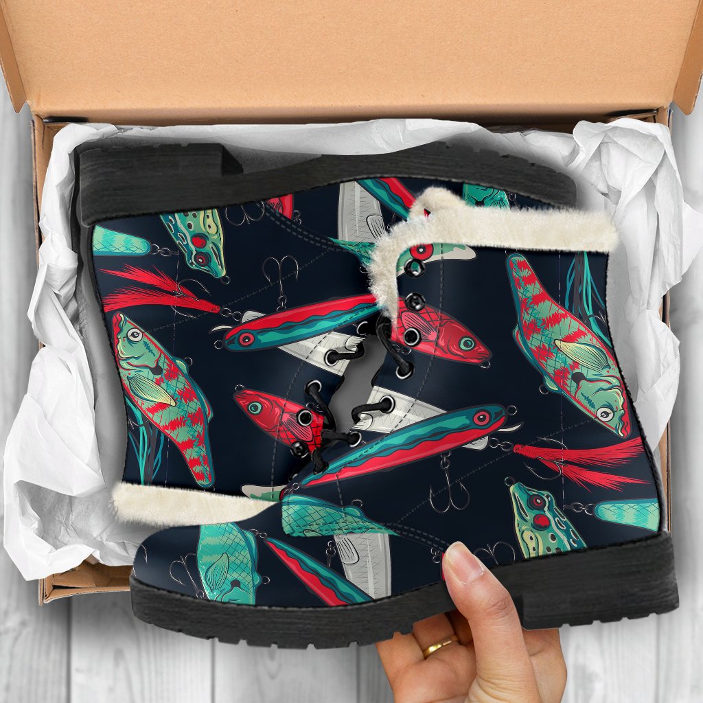 Fishing Bait Pattern Faux Fur Leather Boots