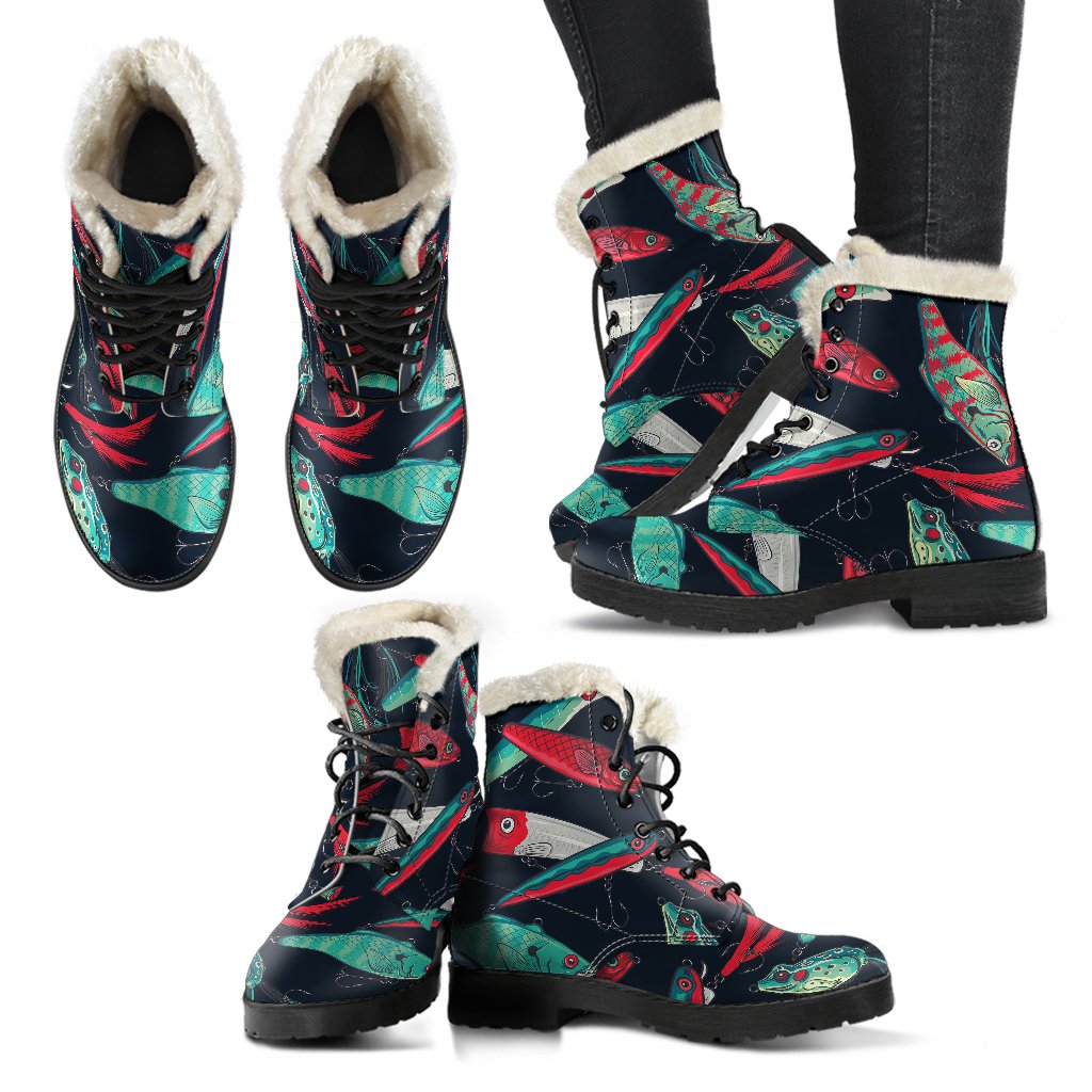 Fishing Bait Pattern Faux Fur Leather Boots