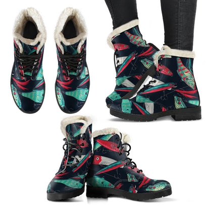 Fishing Bait Pattern Faux Fur Leather Boots