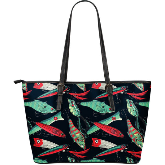 Fishing Bait Pattern Large Leather Tote Bag