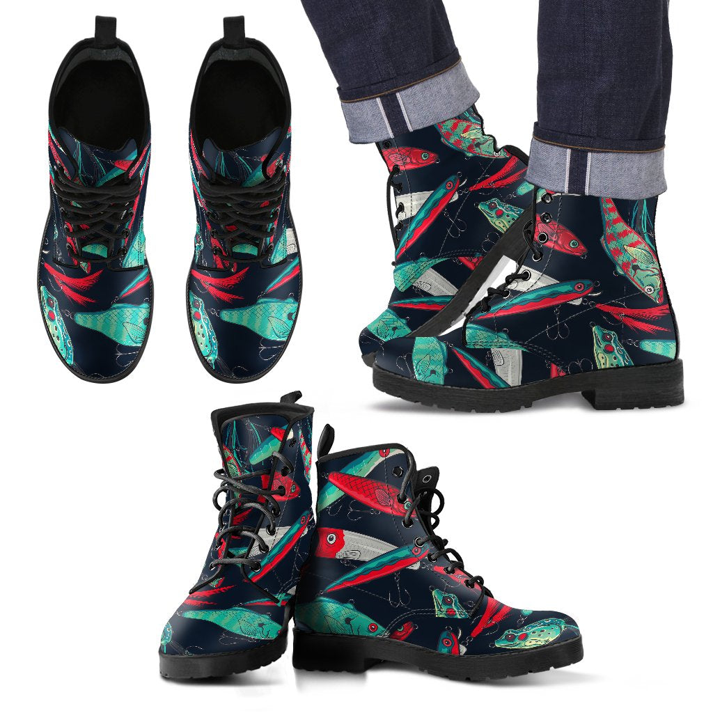 Fishing Bait Pattern Men Leather Boots