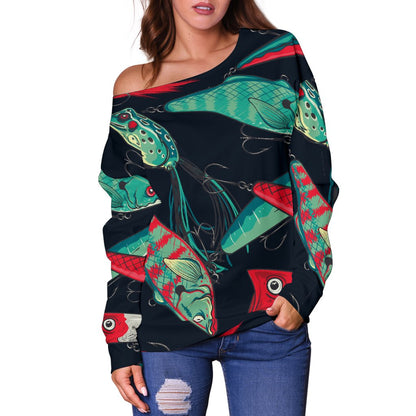 Fishing Bait Pattern Off Shoulder Sweatshirt