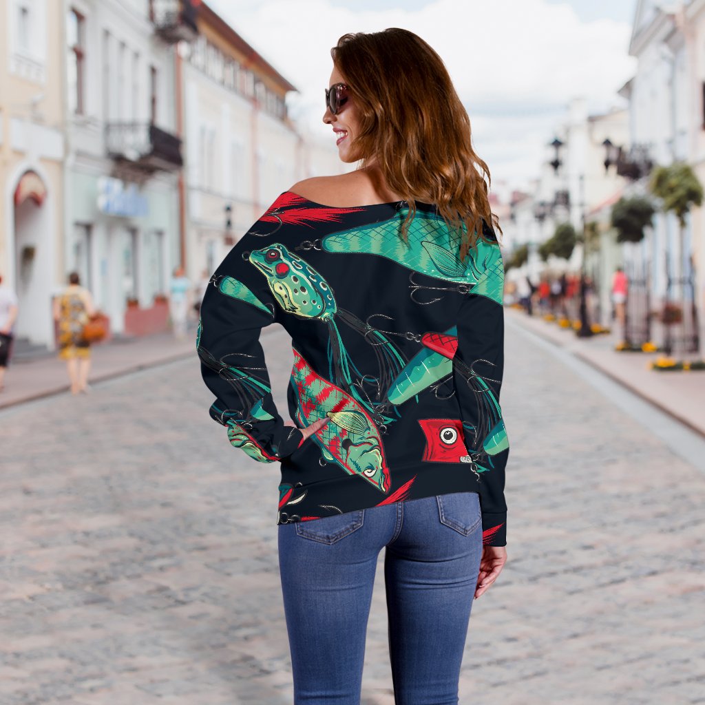 Fishing Bait Pattern Off Shoulder Sweatshirt