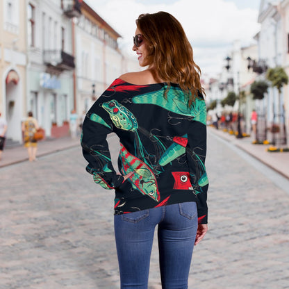 Fishing Bait Pattern Off Shoulder Sweatshirt