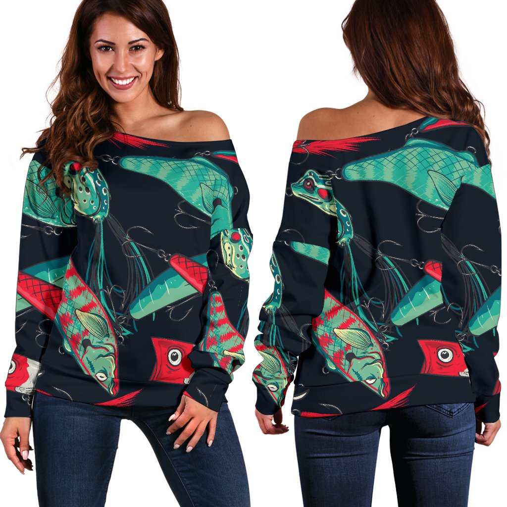 Fishing Bait Pattern Off Shoulder Sweatshirt