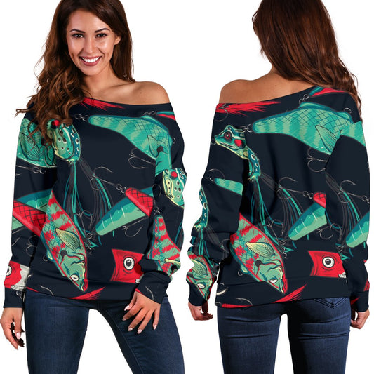 Fishing Bait Pattern Off Shoulder Sweatshirt