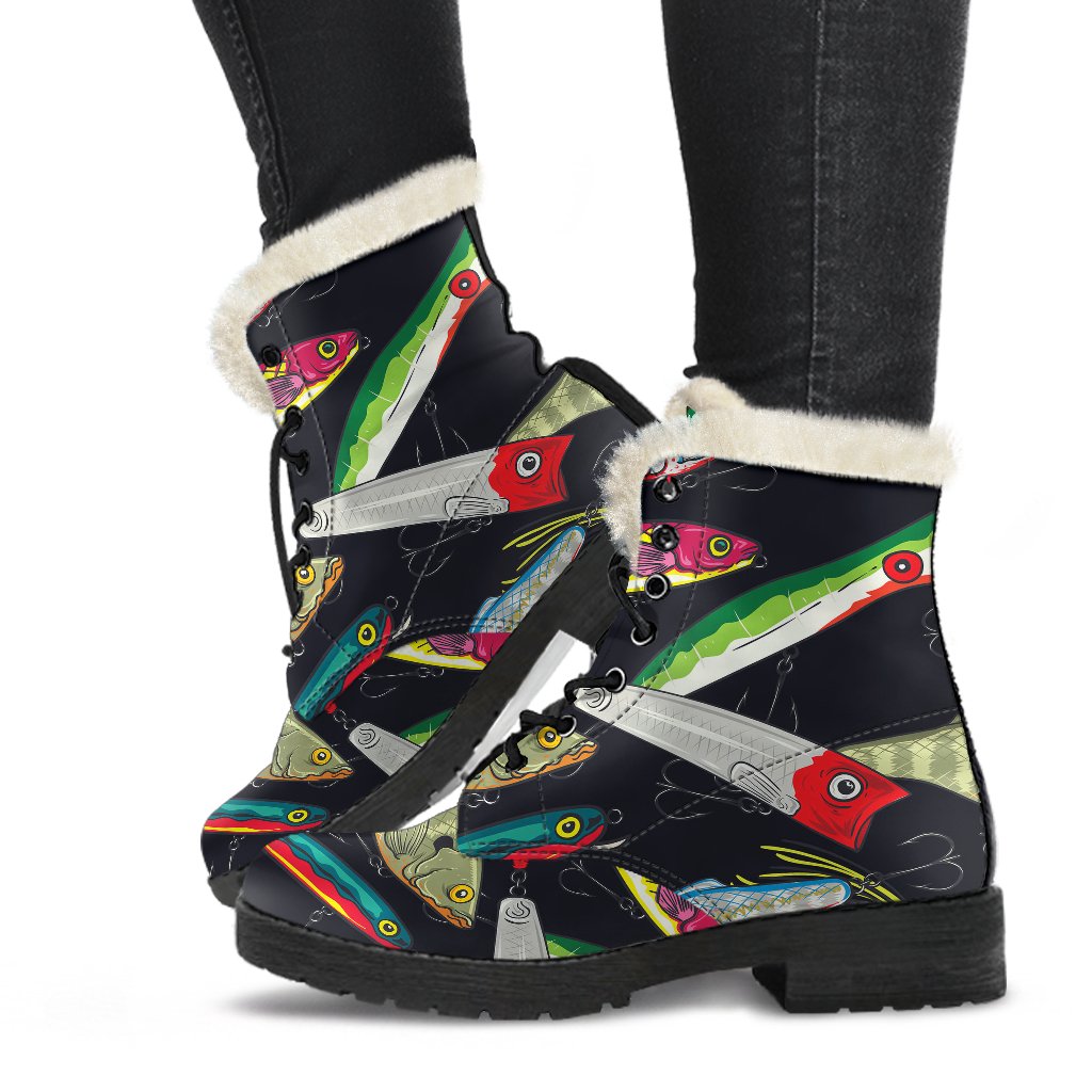 Fishing Bait Print Faux Fur Leather Boots