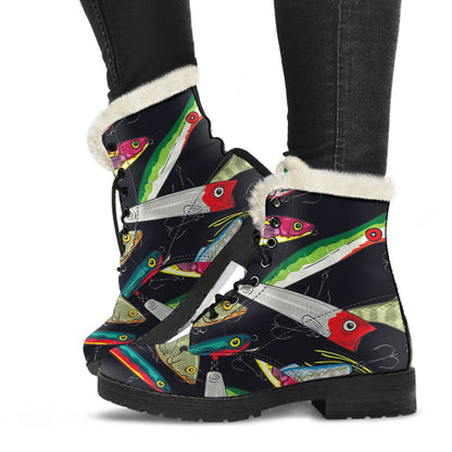 Fishing Bait Print Faux Fur Leather Boots