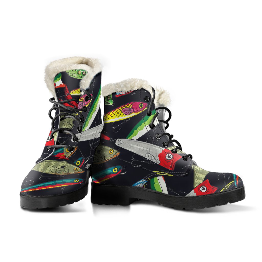 Fishing Bait Print Faux Fur Leather Boots