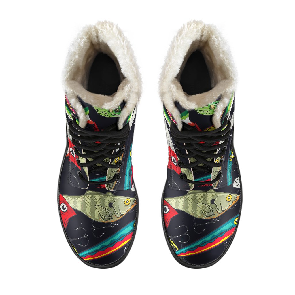 Fishing Bait Print Faux Fur Leather Boots