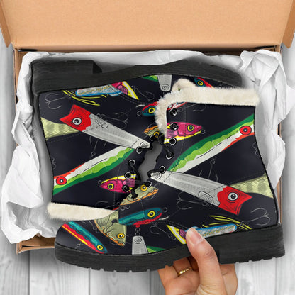 Fishing Bait Print Faux Fur Leather Boots