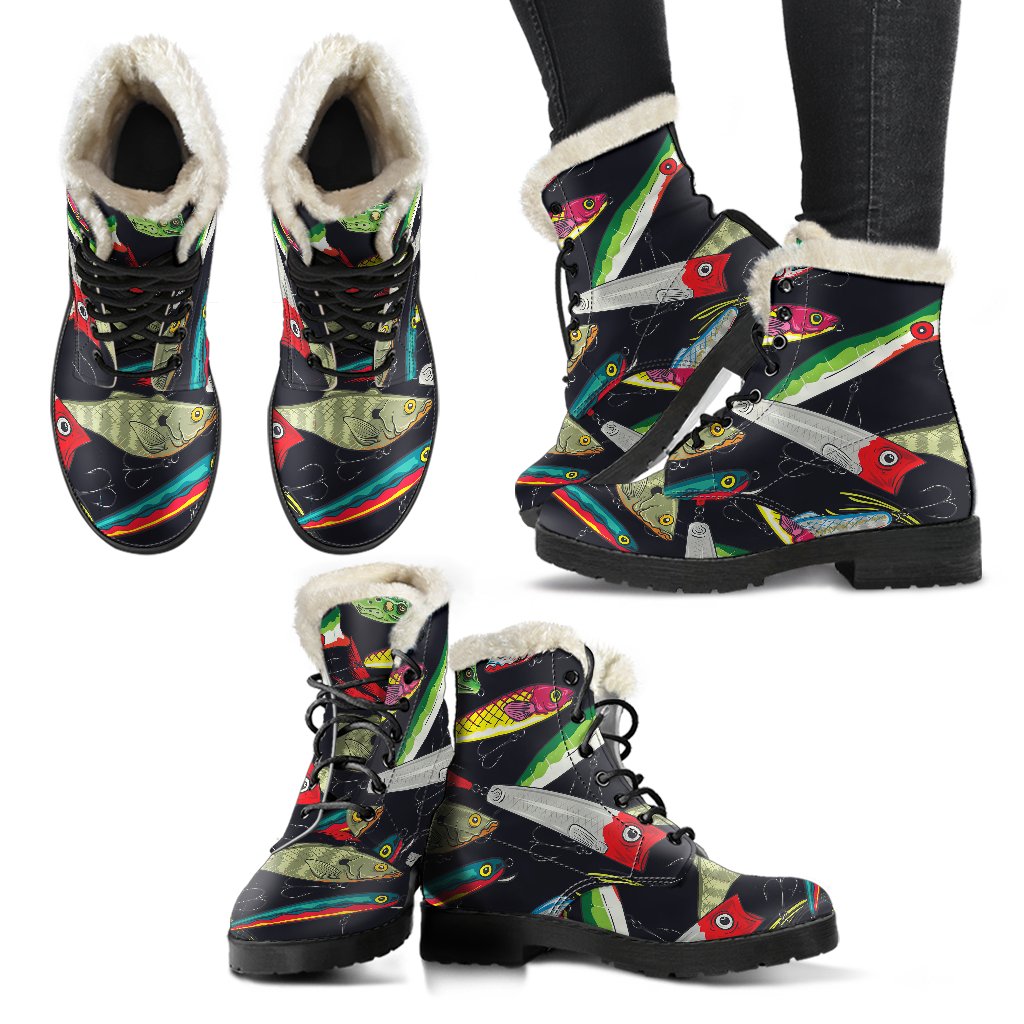Fishing Bait Print Faux Fur Leather Boots