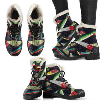 Fishing Bait Print Faux Fur Leather Boots