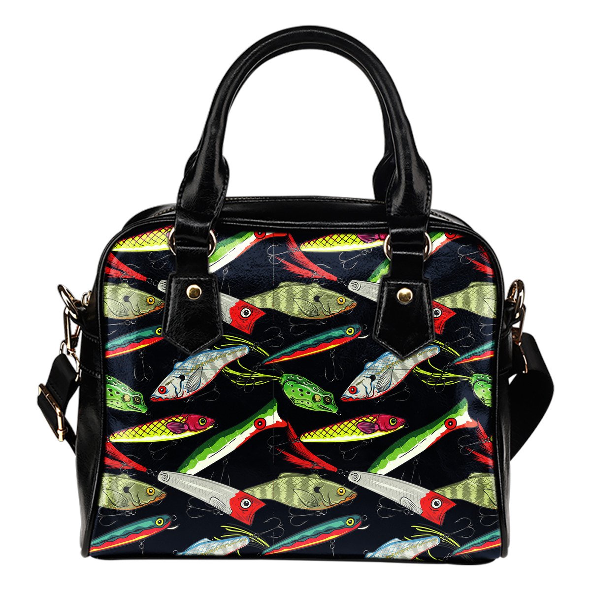 Fishing Bait Print Leather Shoulder Handbag
