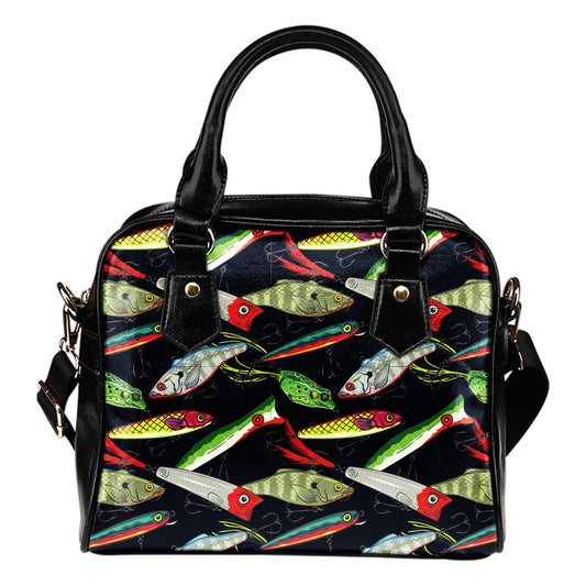 Fishing Bait Print Leather Shoulder Handbag