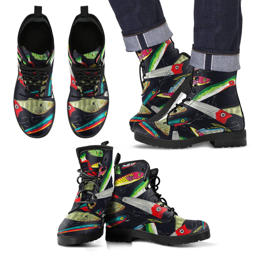 Fishing Bait Print Men Leather Boots
