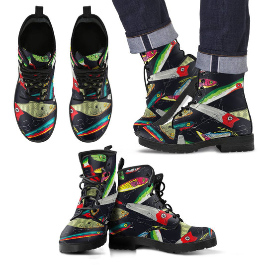 Fishing Bait Print Men Leather Boots
