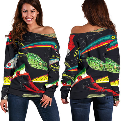 Fishing Bait Print Off Shoulder Sweatshirt