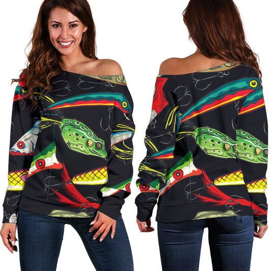 Fishing Bait Print Off Shoulder Sweatshirt