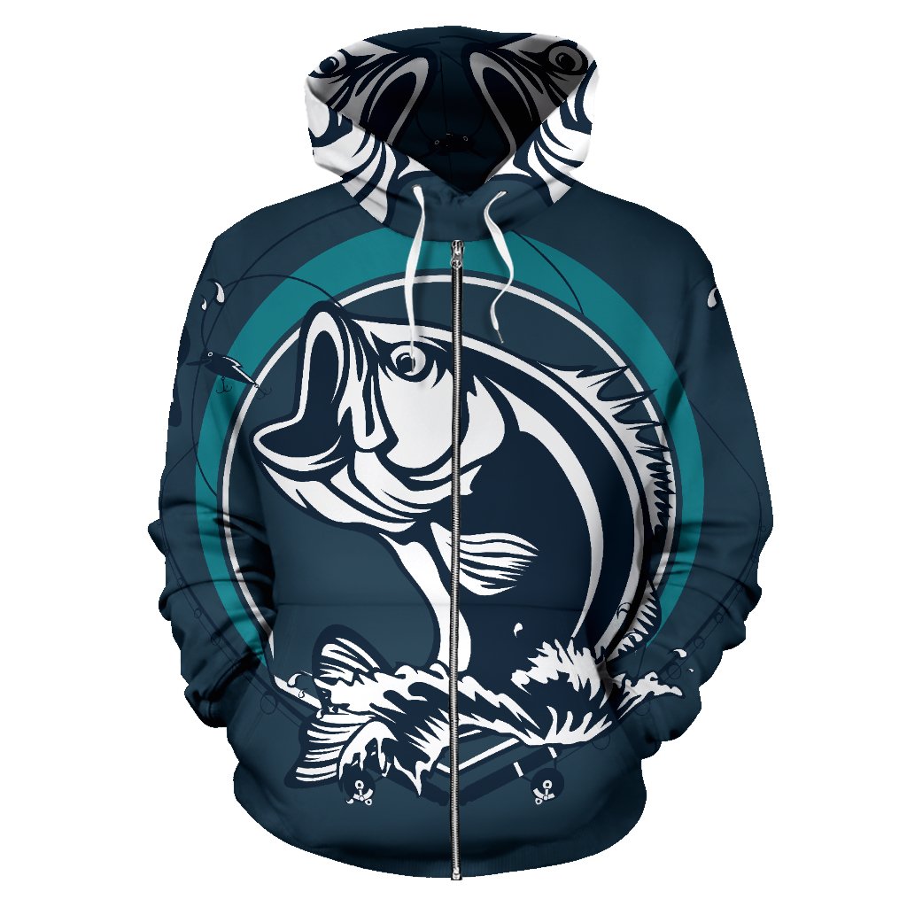 Fishing Print All Over Zip Up Hoodie