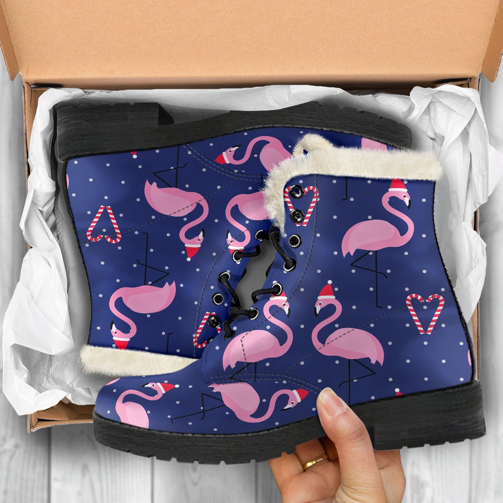 Flamingo Christmas Faux Fur Leather Boots