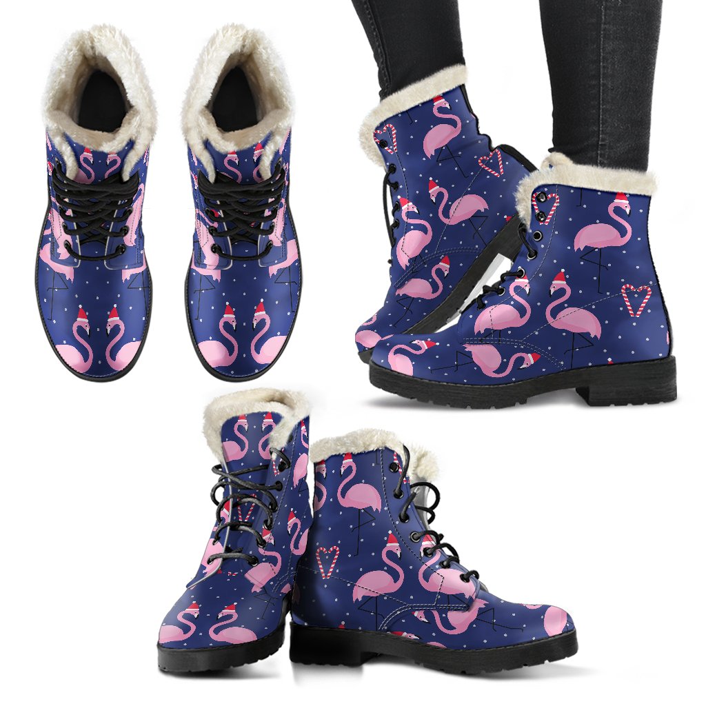 Flamingo Christmas Faux Fur Leather Boots